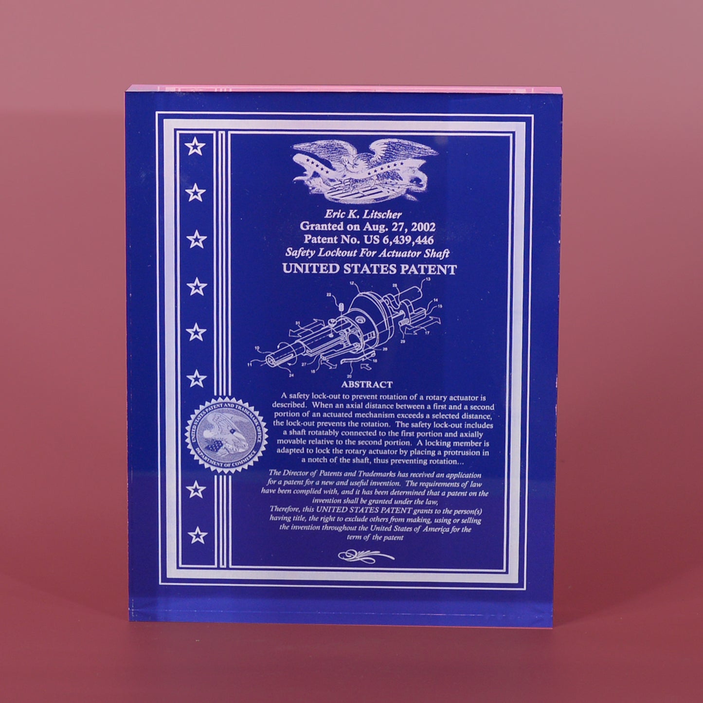FINE DESK TOP PATENT AWARD, ULTRA CLEAR THICK ACRYLIC