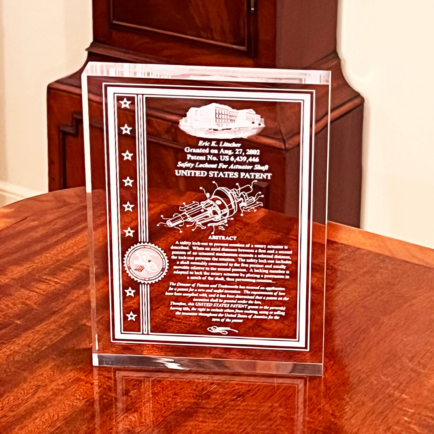 FINE DESK TOP PATENT AWARD, ULTRA CLEAR THICK ACRYLIC