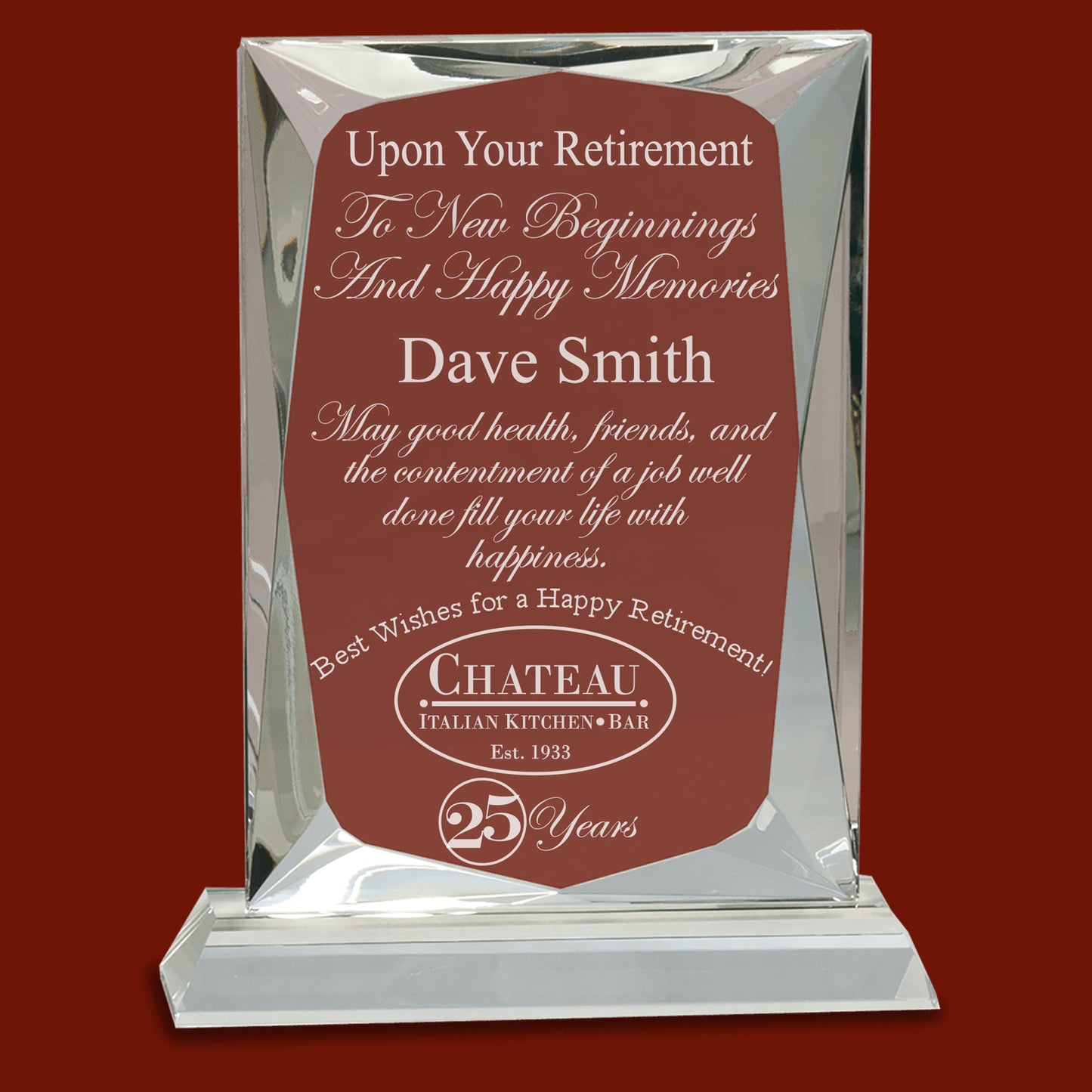 Retirement Award, Elegant Ultra Clear Crystal on Clear Base