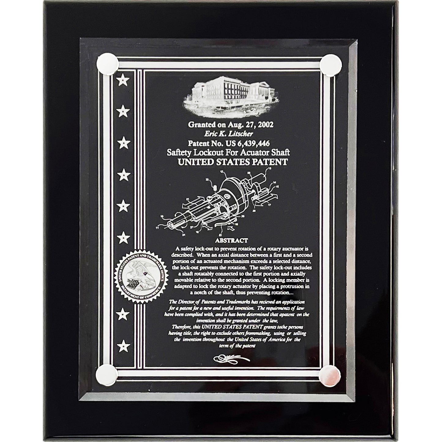 PATENT ACRYLIC FLOATING WALL OR DESK TOP PLAQUE: ETCHED TO FINE DEFINITION