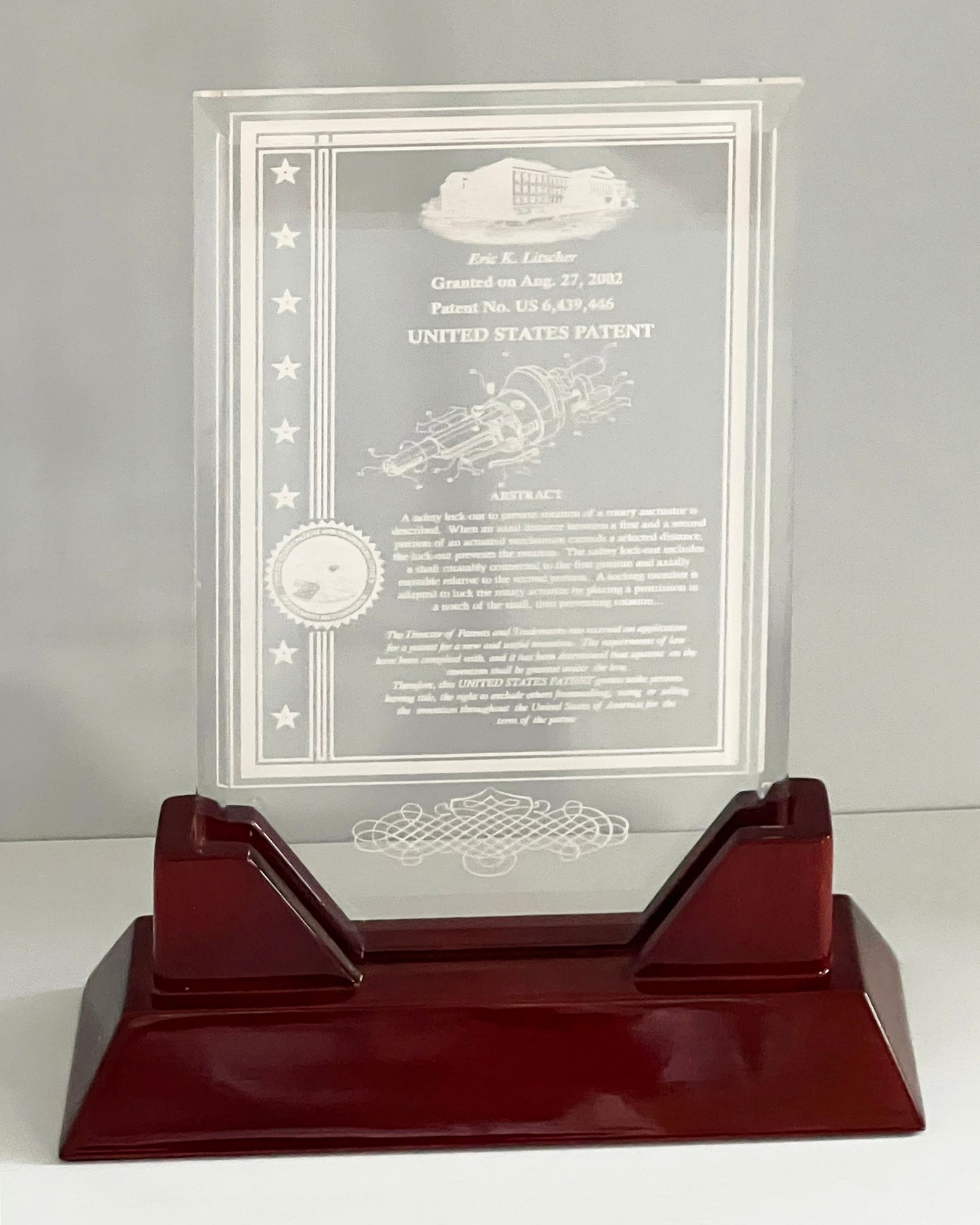 Prestige Table Top Acrylic Patent Award with Rosewood Piano Finish Base