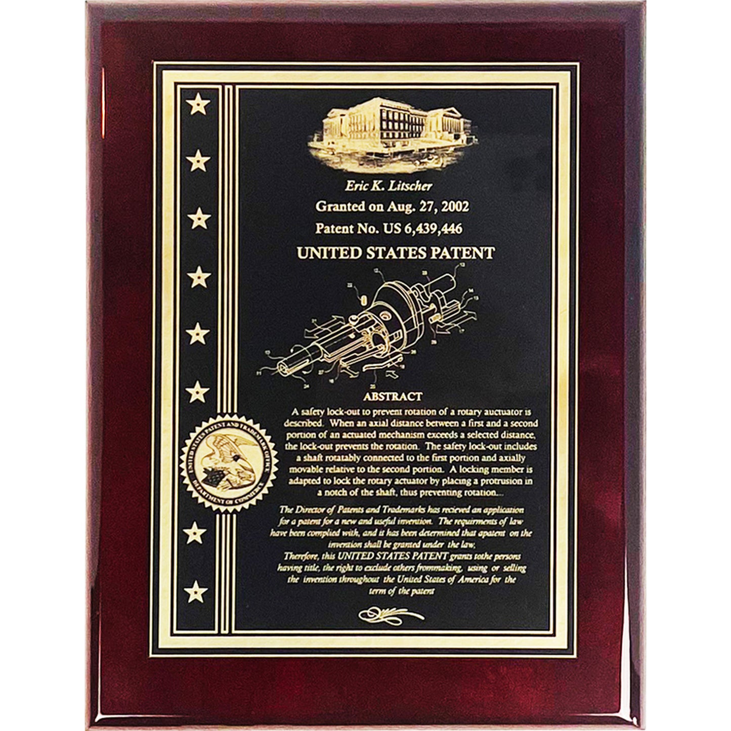Classic Patent Award Plaque with American Eagle or Patent Office with Stars & Strips: Deep Etched into Gold Finished Brass