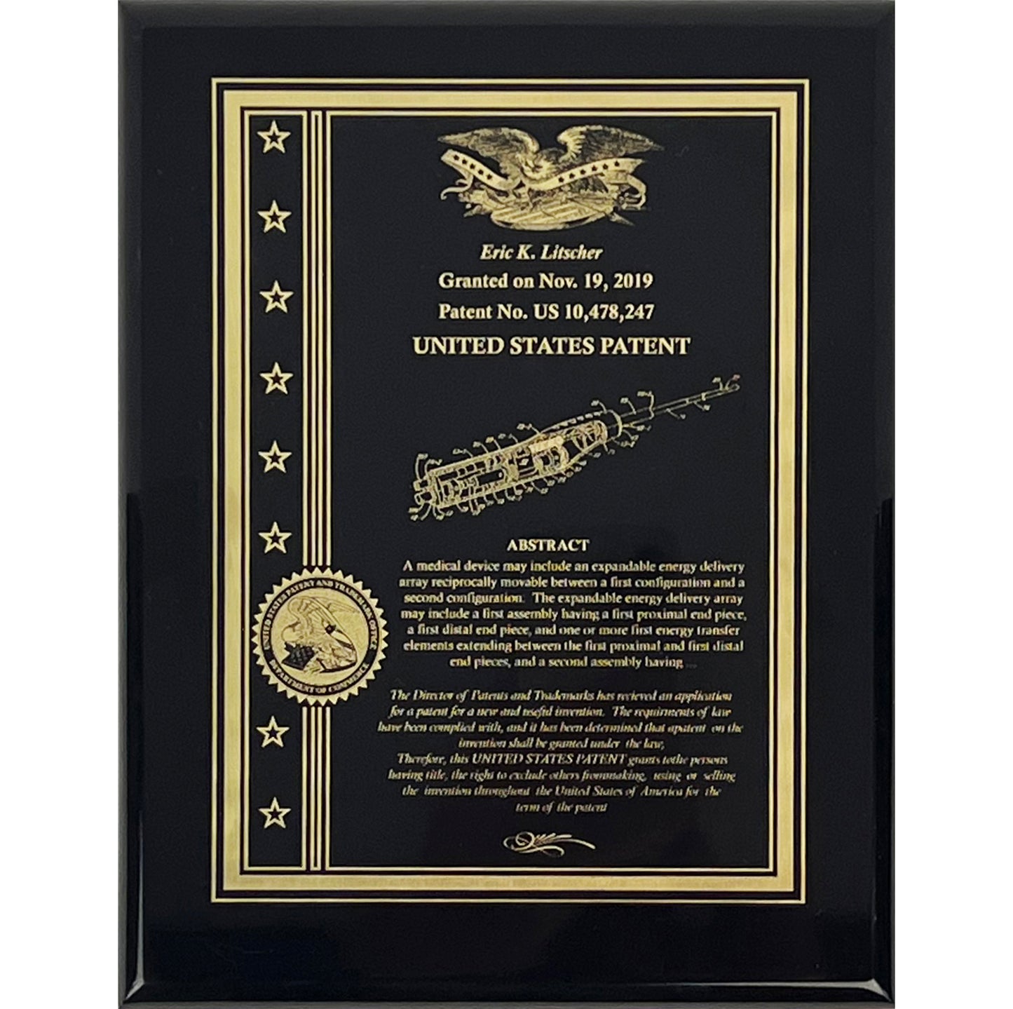 Classic Patent Award Plaque with American Eagle or Patent Office with Stars & Strips: Deep Etched into Gold Finished Brass
