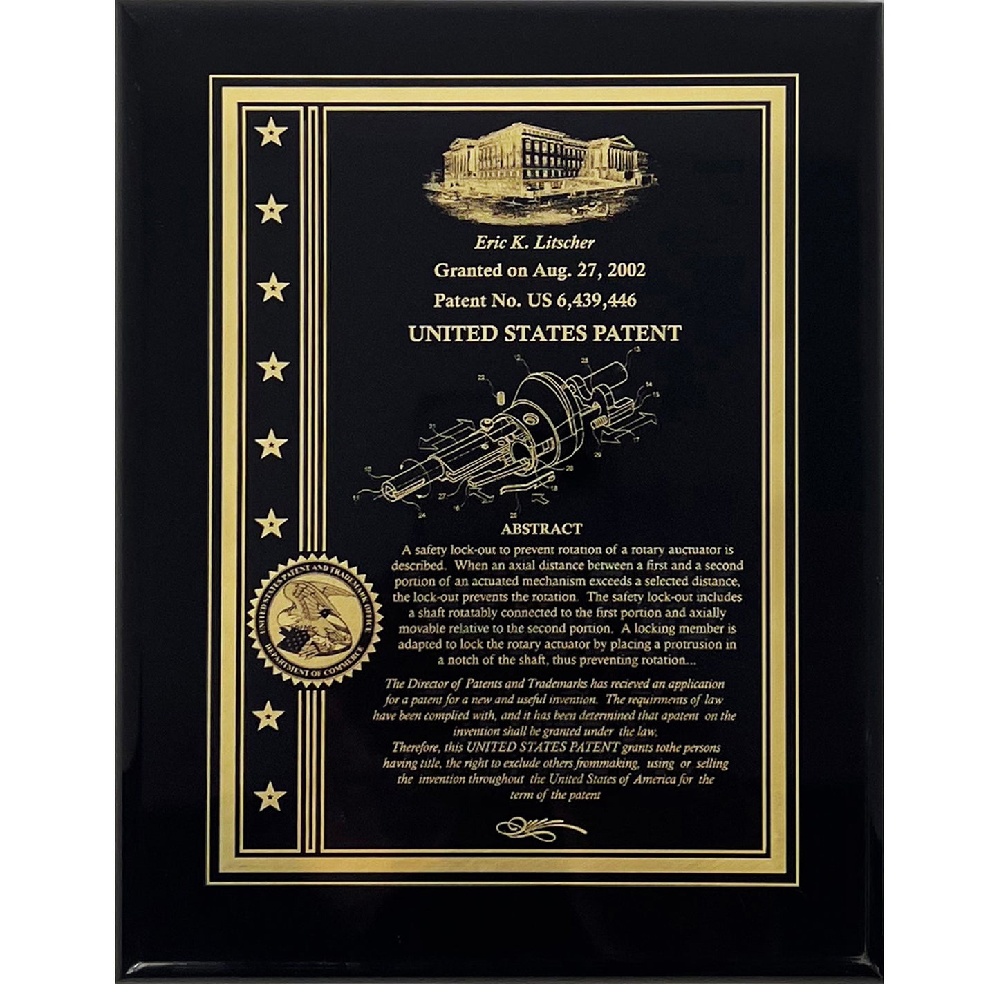 Classic Patent Award Plaque with American Eagle or Patent Office with Stars & Strips: Deep Etched into Gold Finished Brass