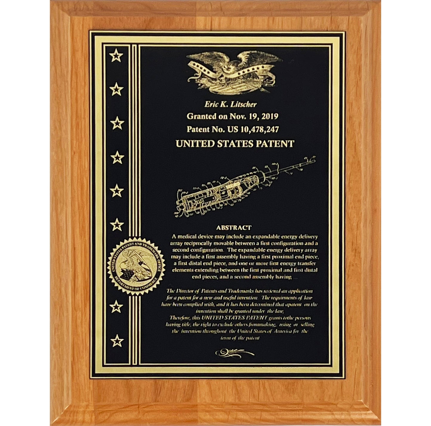 Classic Patent Award Plaque with American Eagle or Patent Office with Stars & Strips: Deep Etched into Gold Finished Brass