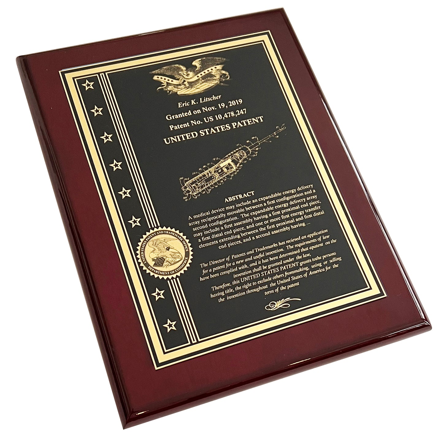 Classic Patent Award Plaque with American Eagle or Patent Office with Stars & Strips: Deep Etched into Gold Finished Brass