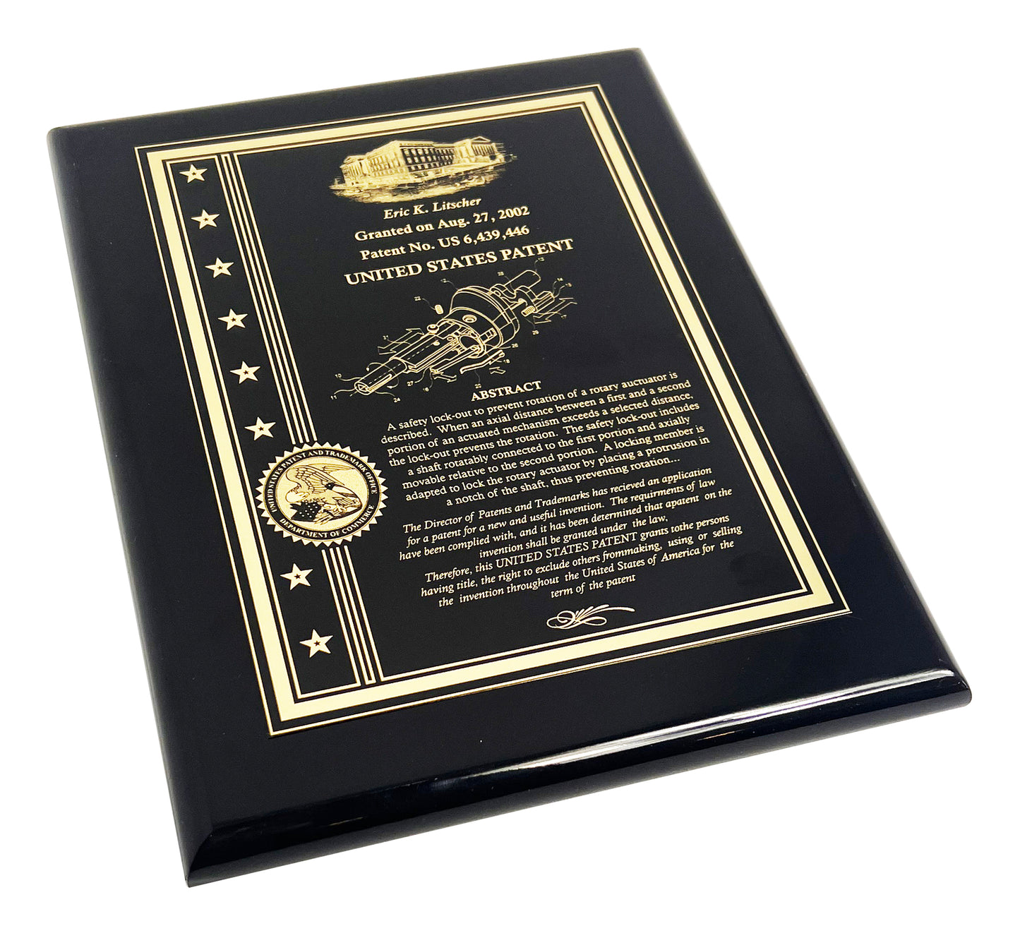 Classic Patent Award Plaque with American Eagle or Patent Office with Stars & Strips: Deep Etched into Gold Finished Brass