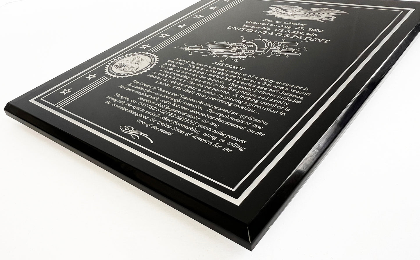 Solid Black Acrylic Patent Award Plaque with American Eagle with Stars & Strips: 8" X 10"