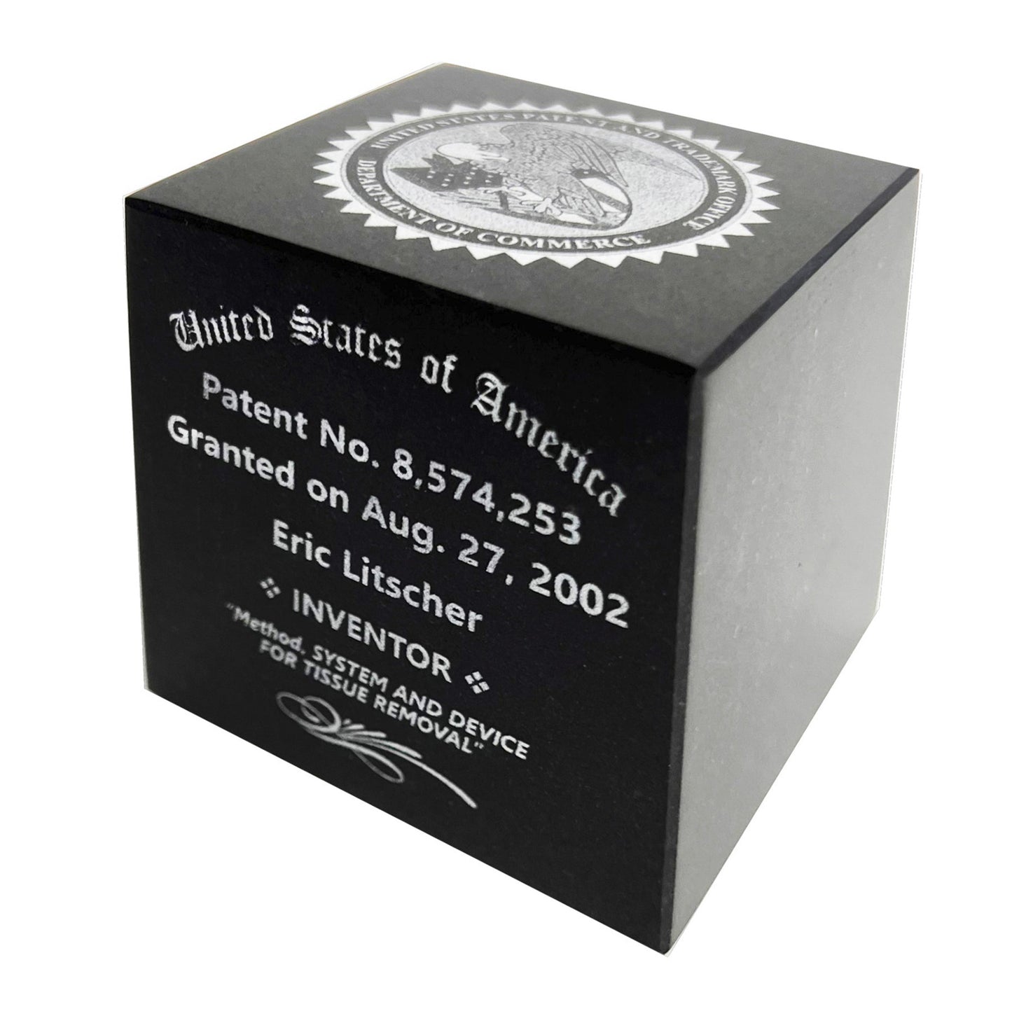 Patent Award Black Marble Cube with Etched USPTO Seal