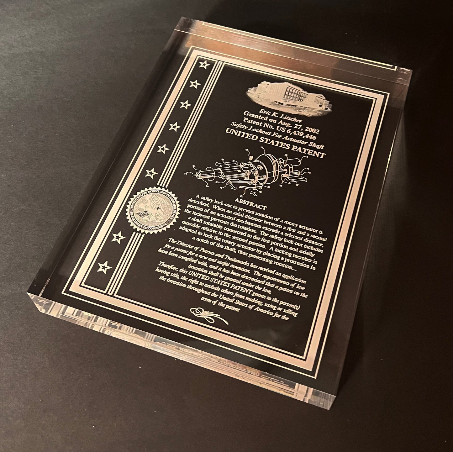 FINE DESK TOP PATENT AWARD, ULTRA CLEAR THICK ACRYLIC
