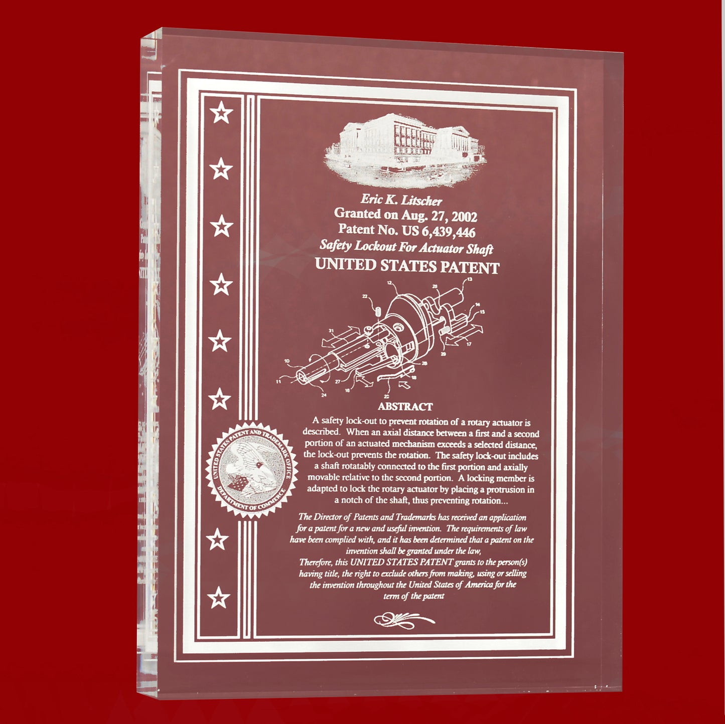 FINE DESK TOP PATENT AWARD, ULTRA CLEAR THICK ACRYLIC