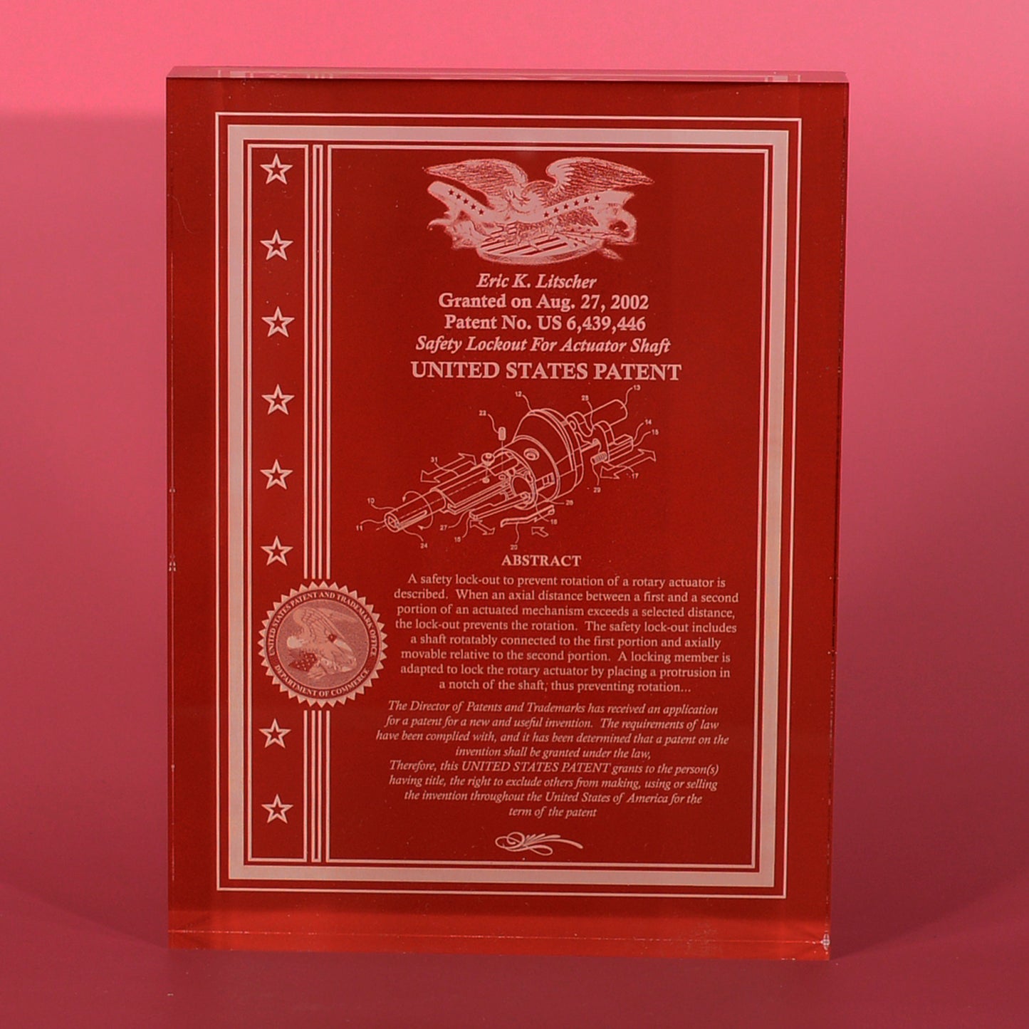 FINE DESK TOP PATENT AWARD, ULTRA CLEAR THICK ACRYLIC