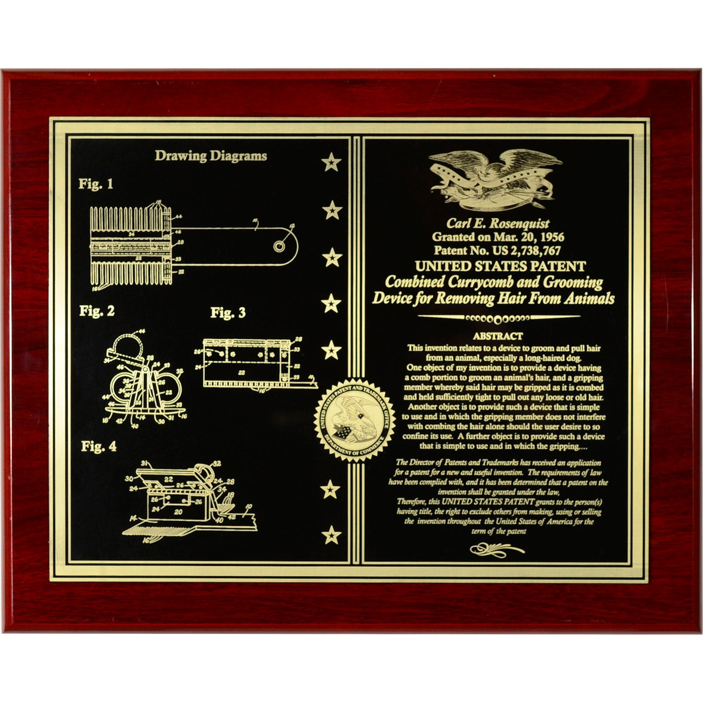 FINE Horizontal Patent Award etched in gold on black with Patriotic Eagle "or" Patent Office