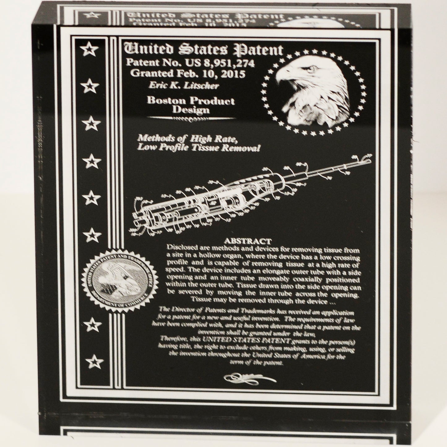 Desktop Patent Award, Acrylic Classic Design with Fine Eagle and UPTO Seal