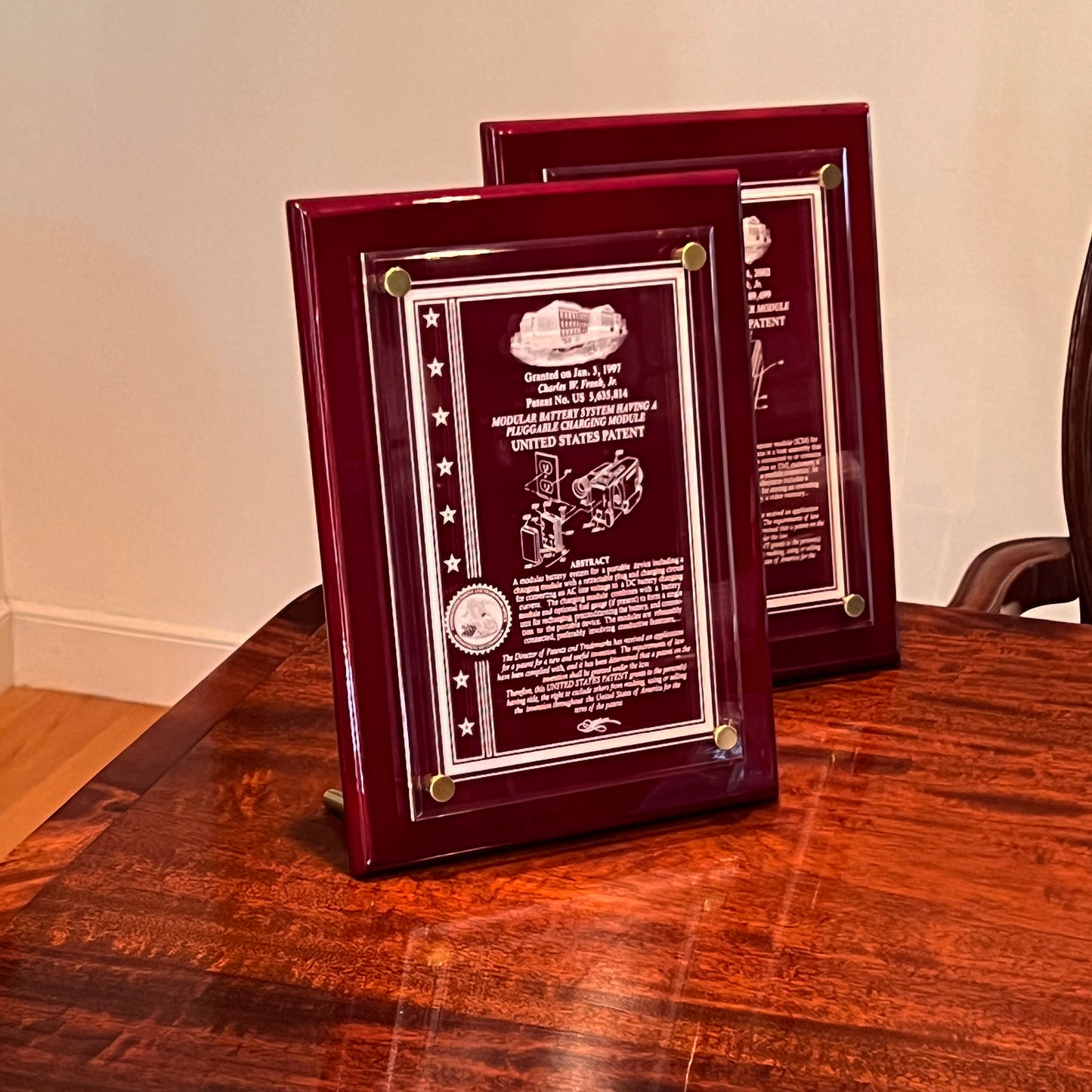 PATENT ACRYLIC FLOATING WALL OR DESK TOP PLAQUE: ETCHED TO FINE DEFINITION