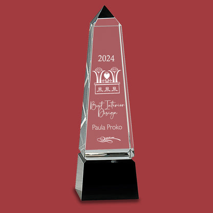 10" Obelisk Crystal on Black Pedestal Base Award