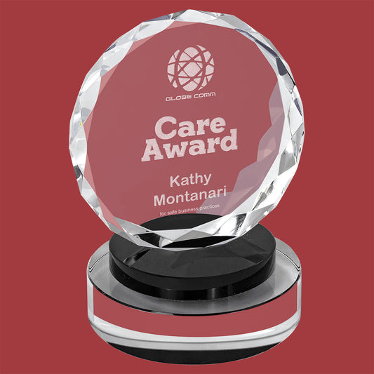 6" ROUND FACET CRYSTAL ON BLACK & CLEAR ROUND BASE DESK TOP AWARD
