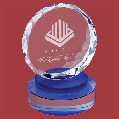 6" ROUND FACET CRYSTAL ON BLACK & CLEAR ROUND BASE DESK TOP AWARD