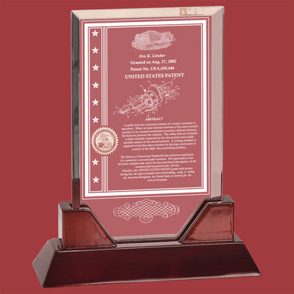 Prestige Table Top Acrylic Patent Award with Rosewood Piano Finish Base