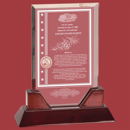 Prestige Table Top Acrylic Patent Award with Rosewood Piano Finish Base