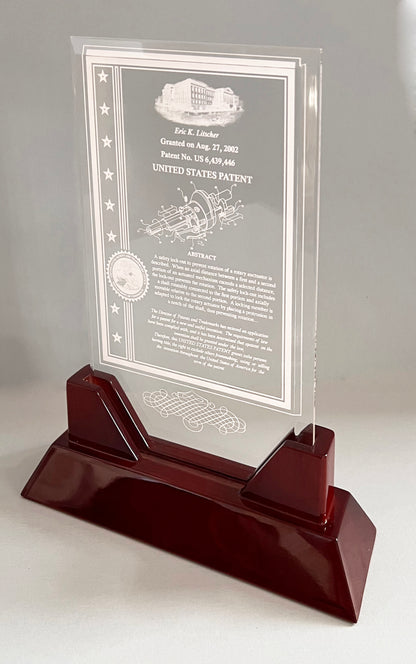 Prestige Table Top Acrylic Patent Award with Rosewood Piano Finish Base