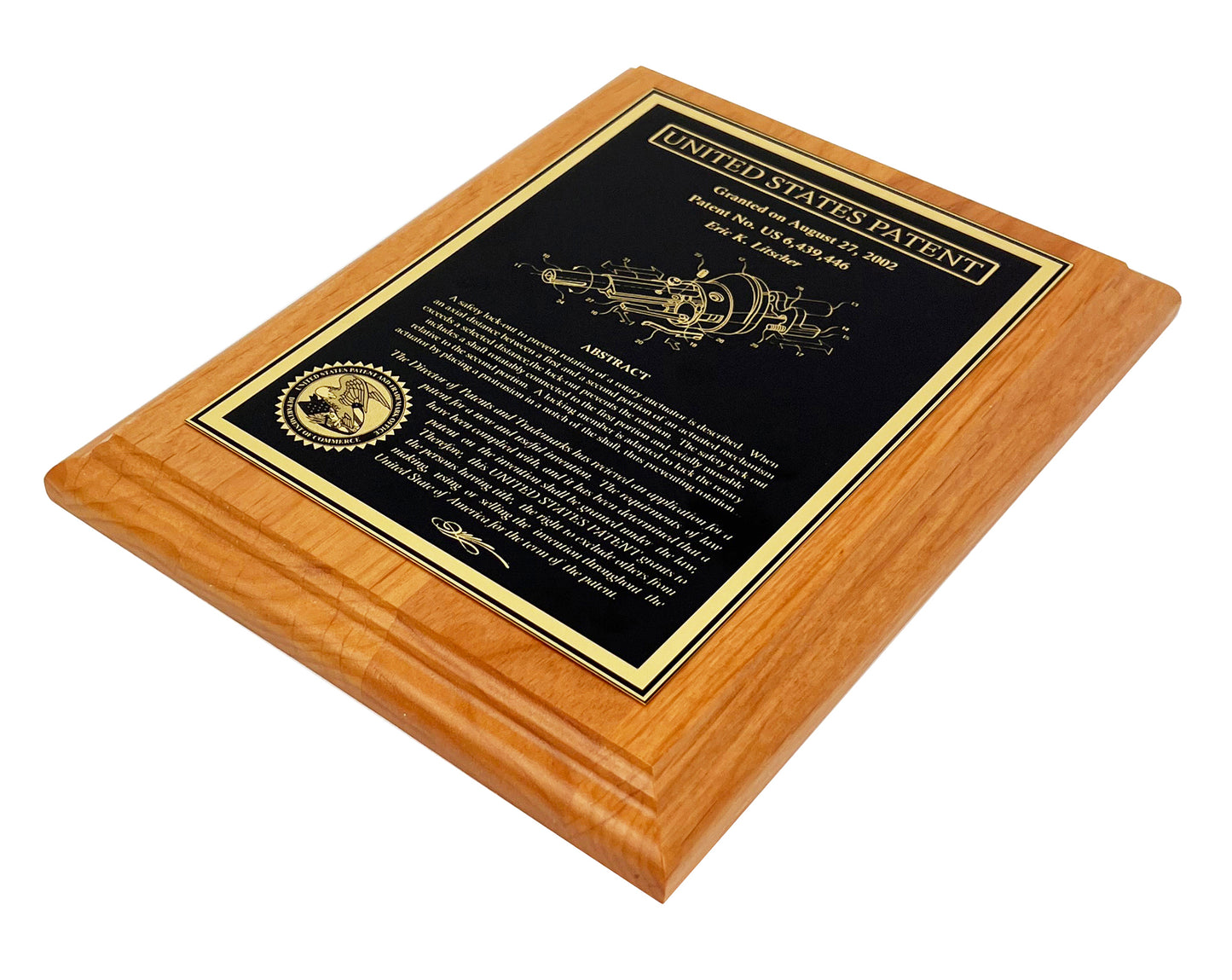 Classic Patent Award Plaque:  Fine Etched into Gold Finished Brass