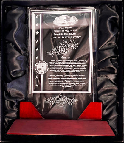 Prestige Table Top Acrylic Patent Award with Rosewood Piano Finish Base