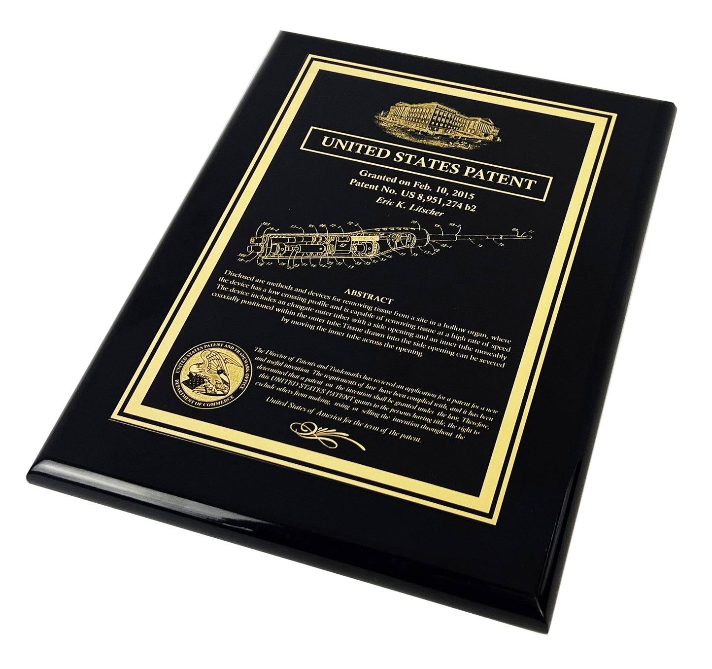 Historic Patent Award Plaque with Patent office:  Finely Etched into Gold Finished Brass