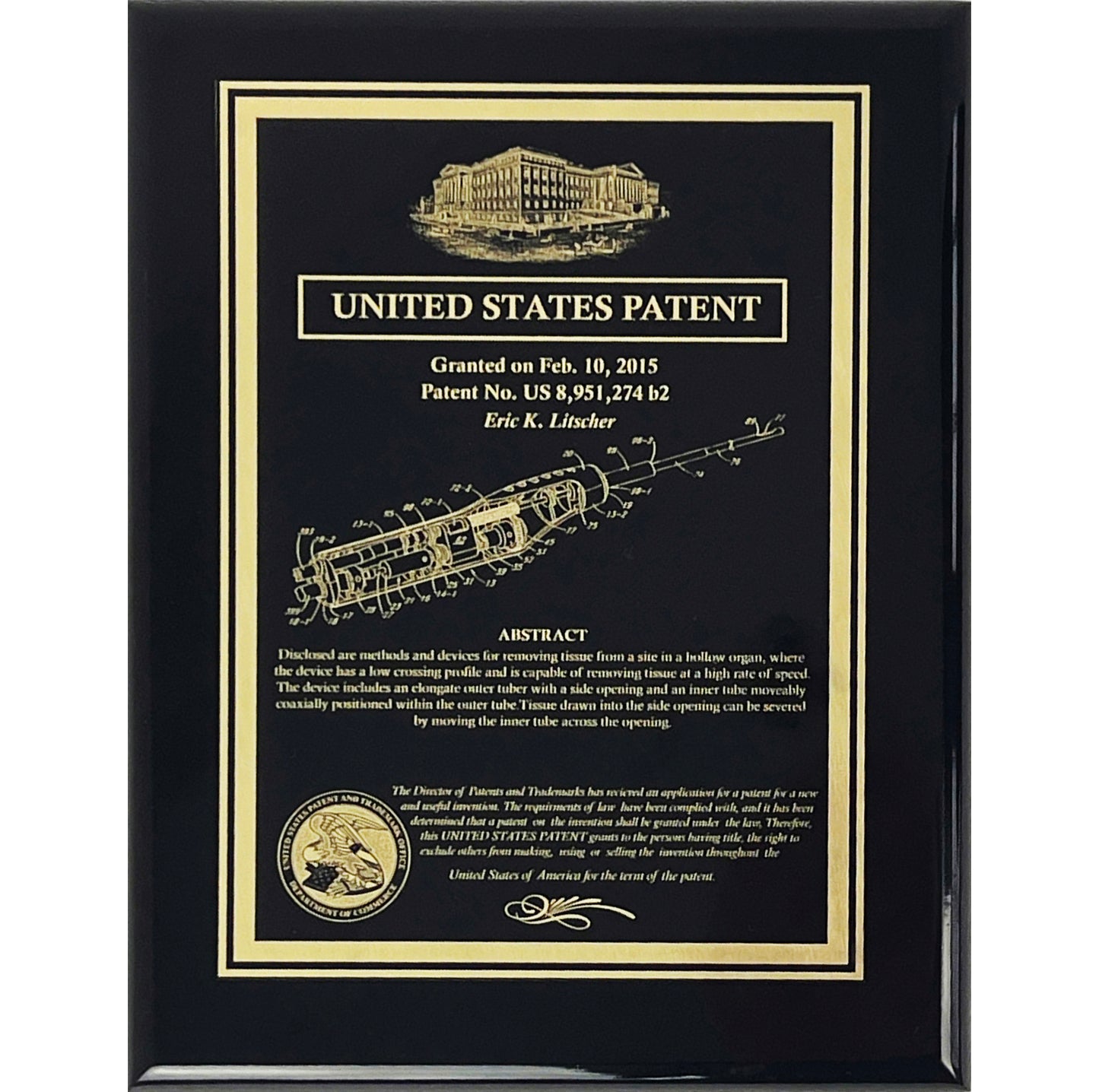 Historic Patent Award Plaque with Patent office:  Finely Etched into Gold Finished Brass