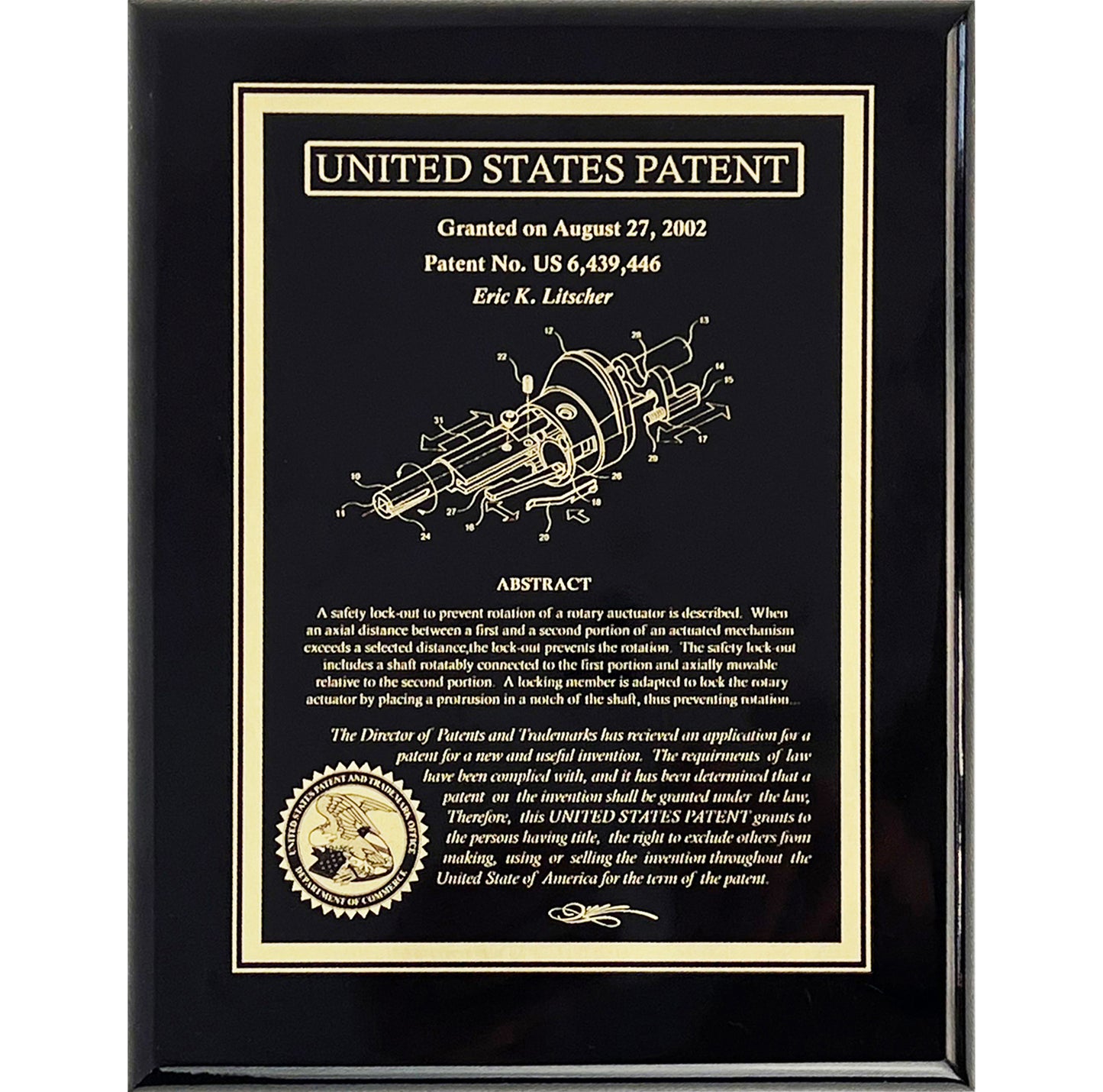 Classic Patent Award Plaque:  Fine Etched into Gold Finished Brass