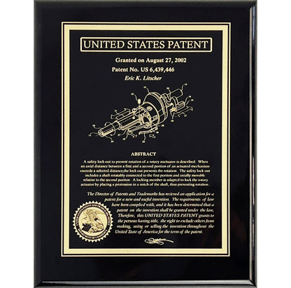 Classic Patent Award Plaque: Fine Etched into Gold Finished Brass