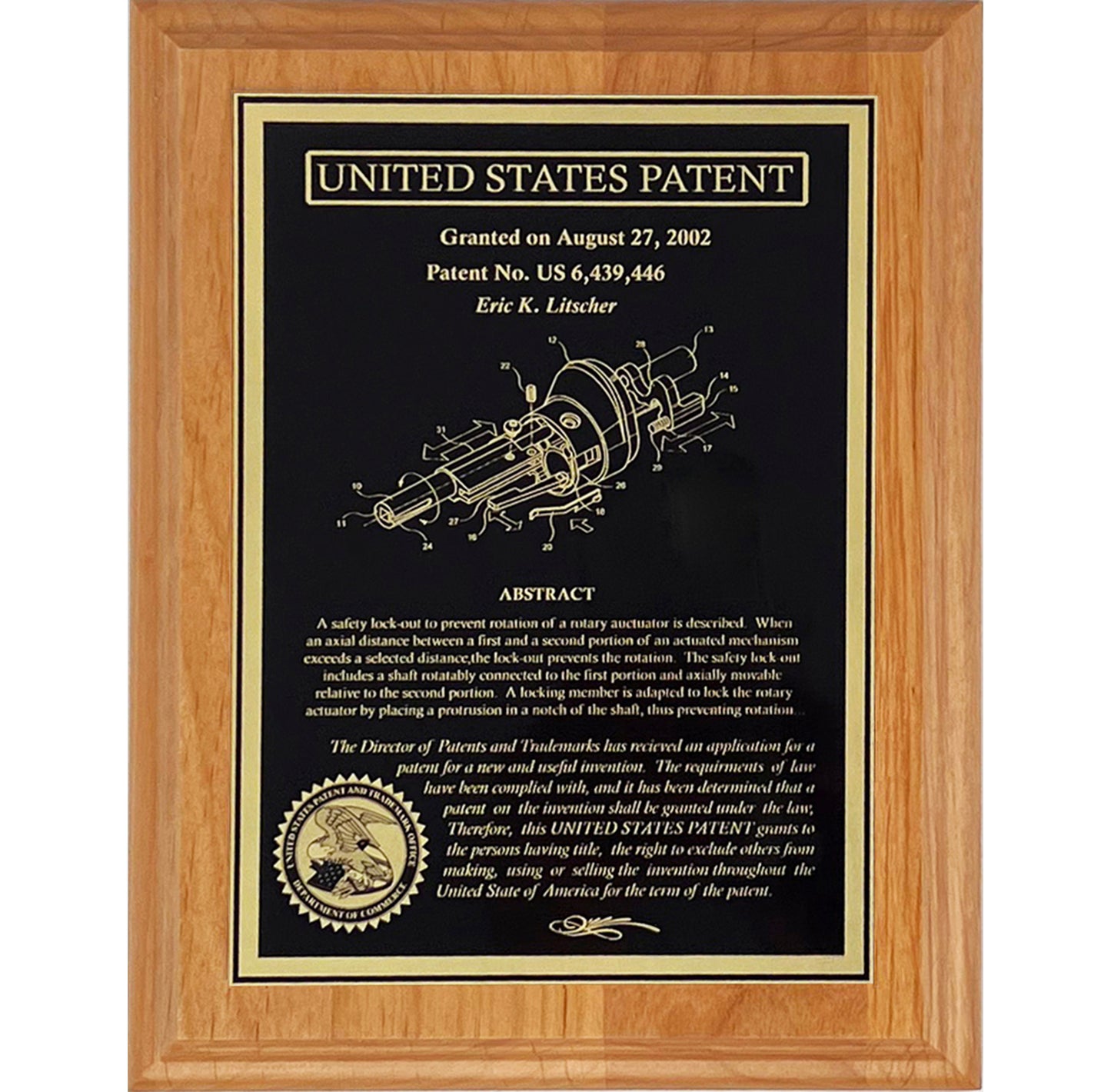 Classic Patent Award Plaque:  Fine Etched into Gold Finished Brass