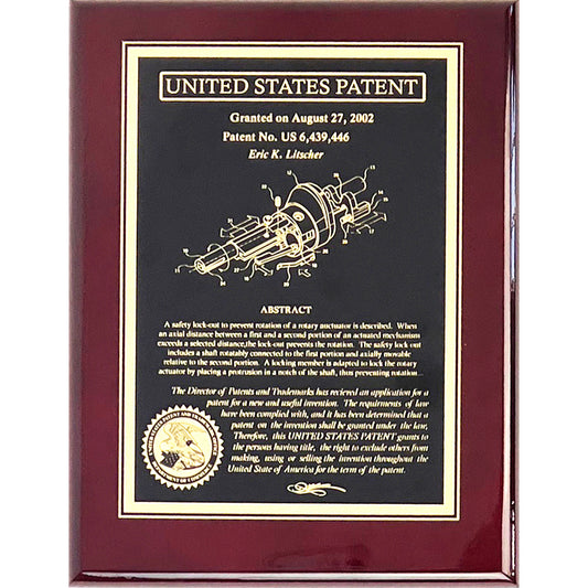 Classic Patent Award Plaque:  Fine Etched into Gold Finished Brass