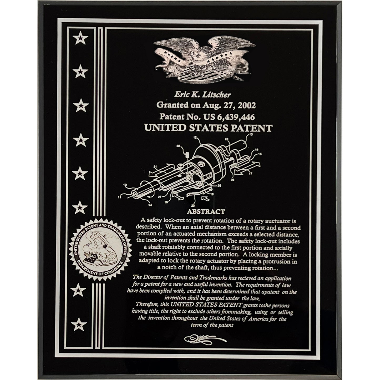 Solid Black Acrylic Patent Award Plaque with American Eagle with Stars & Strips:   8" X 10"