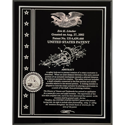 Solid Black Acrylic Patent Award Plaque with American Eagle with Stars & Strips:   8" X 10"
