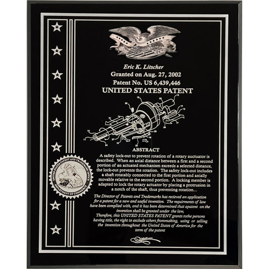 Solid Black Acrylic Patent Award Plaque with American Eagle with Stars & Strips:   8" X 10"