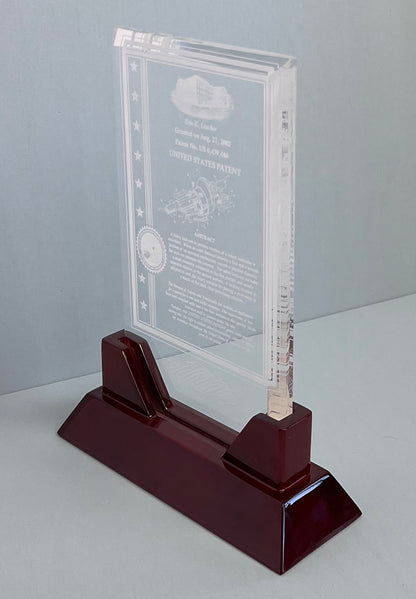 Prestige Table Top Acrylic Patent Award with Rosewood Piano Finish Base