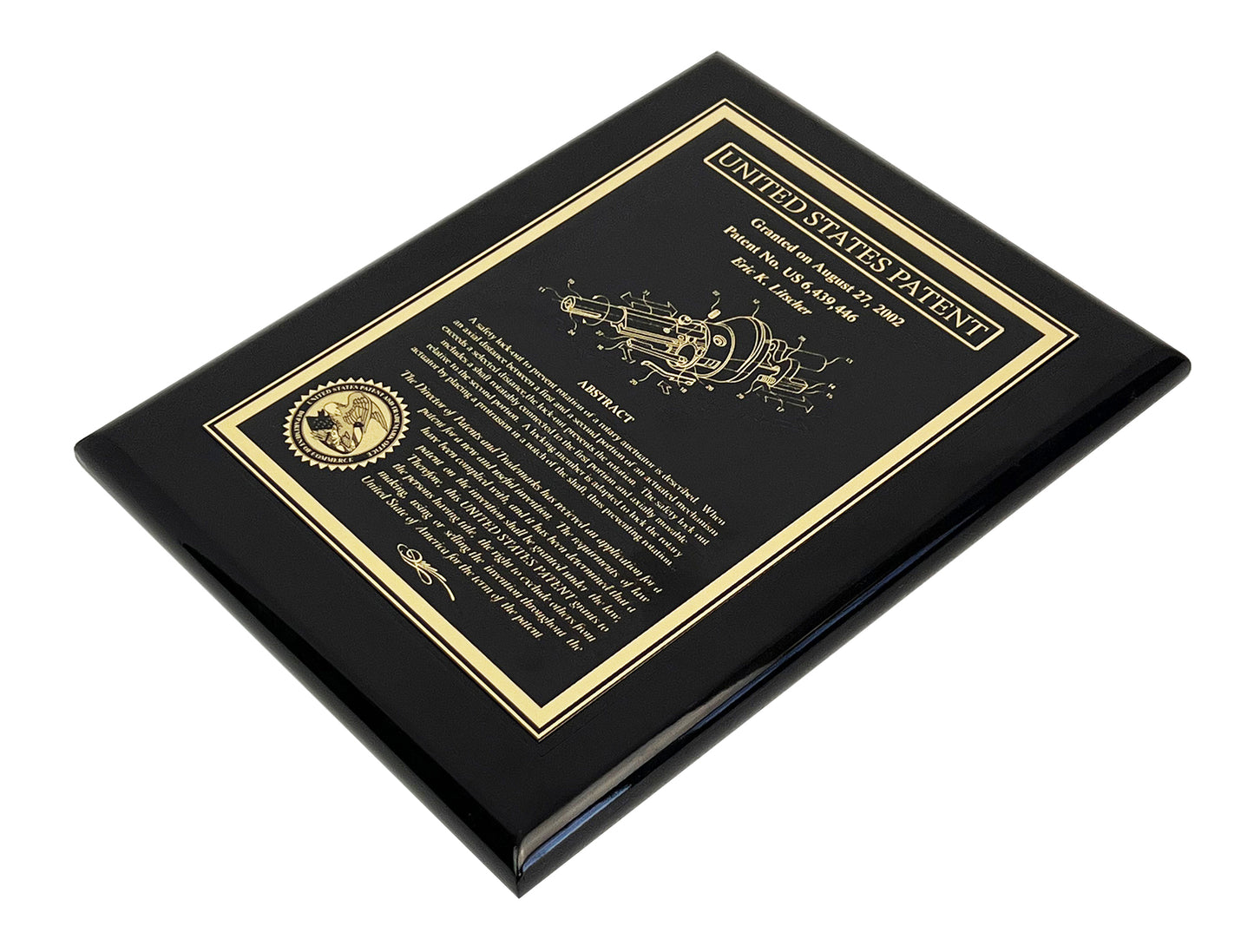 Classic Patent Award Plaque:  Fine Etched into Gold Finished Brass