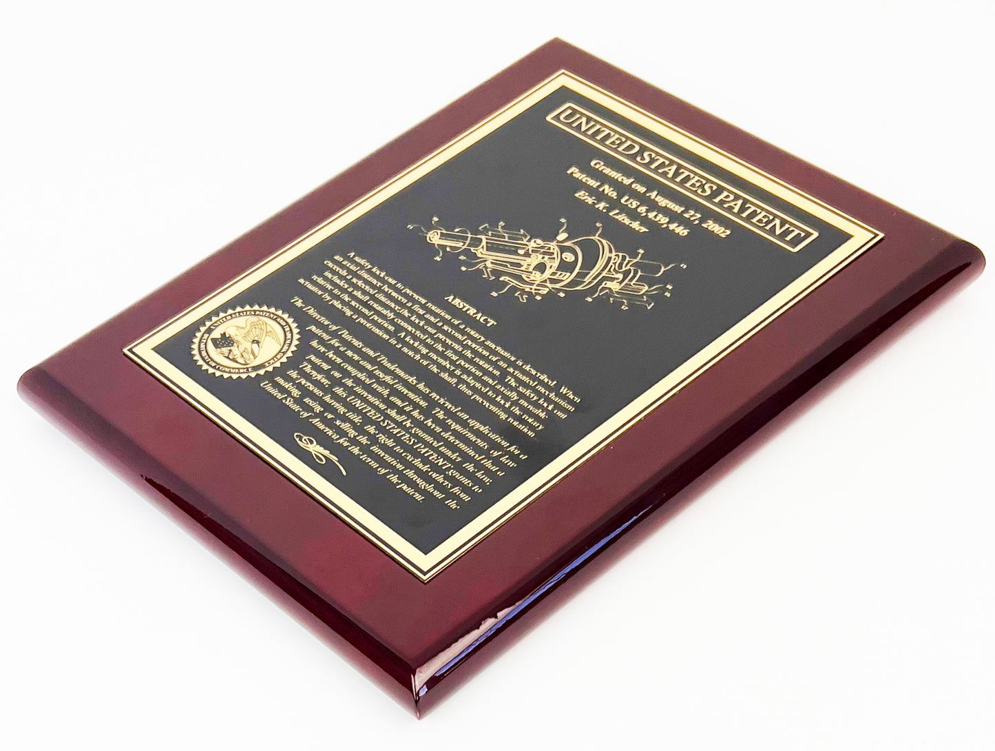 Classic Patent Award Plaque:  Fine Etched into Gold Finished Brass