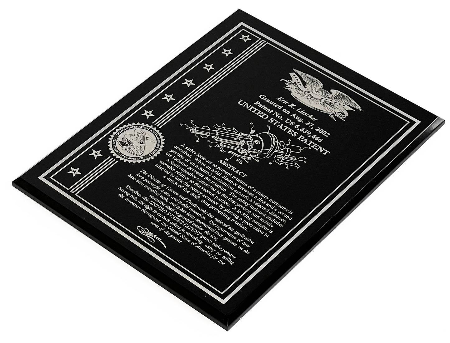 Solid Black Acrylic Patent Award Plaque with American Eagle with Stars & Strips:   8" X 10"