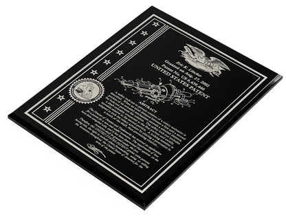 Solid Black Acrylic Patent Award Plaque with American Eagle with Stars & Strips: 8" X 10"