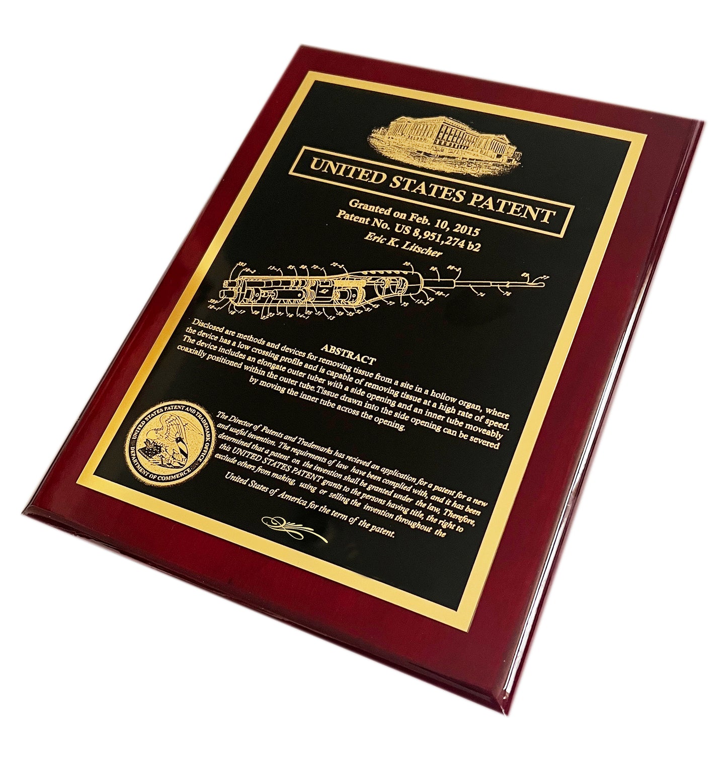 Historic Patent Award Plaque with Patent office:  Finely Etched into Gold Finished Brass