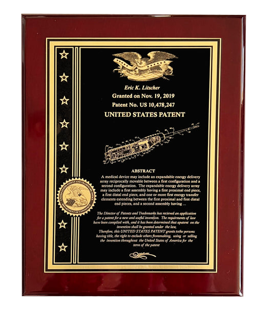 Classic Patent Award Plaque with American Eagle or Patent Office with Stars & Strips:  Deep Etched into Gold Finished Brass