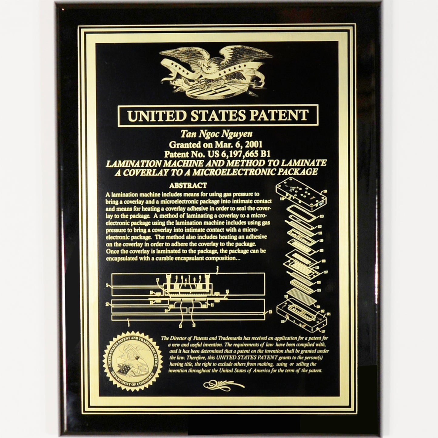 Classic Patent Award Plaque With American Eagle or US Patent Building.  Finely Etched into Gold Finished Brass