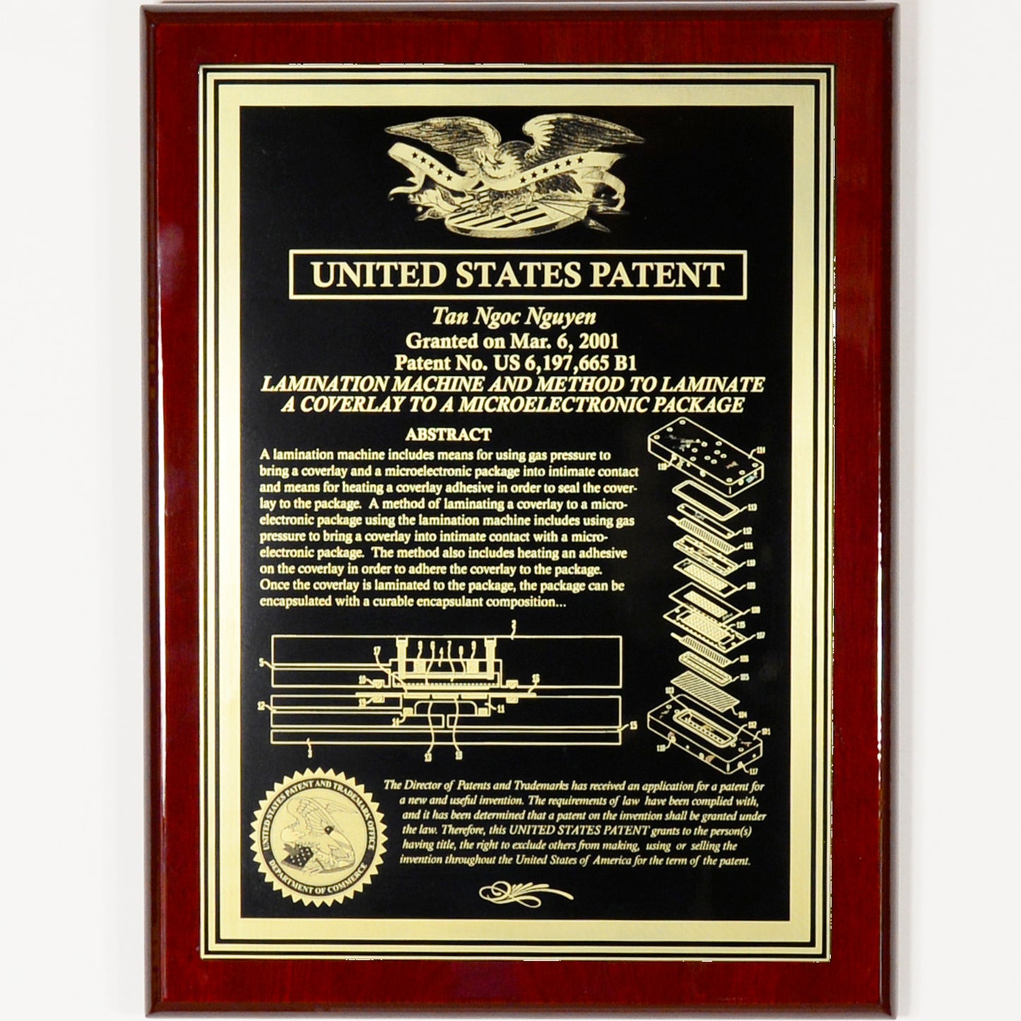 Classic Patent Award Plaque With American Eagle or US Patent Building.  Finely Etched into Gold Finished Brass