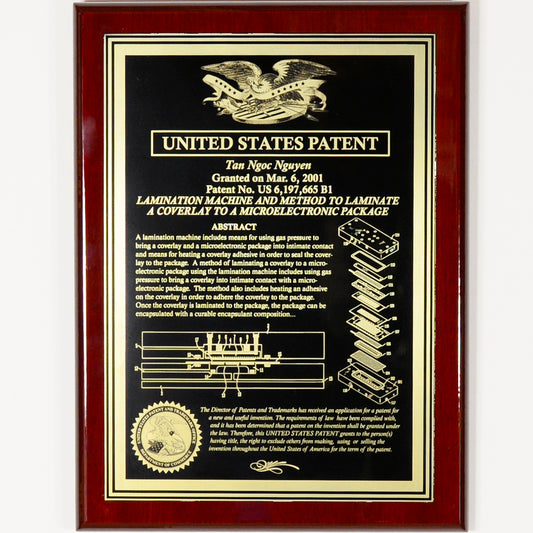 Classic Patent Award Plaque With American Eagle or US Patent Building.  Finely Etched into Gold Finished Brass