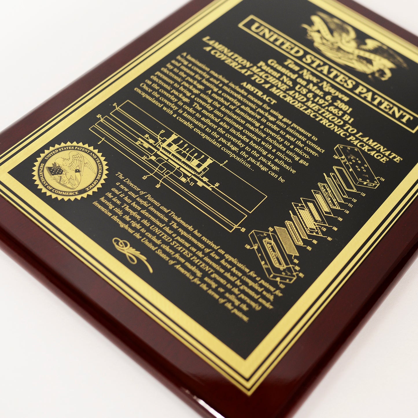 Classic Patent Award Plaque With American Eagle or US Patent Building.  Finely Etched into Gold Finished Brass