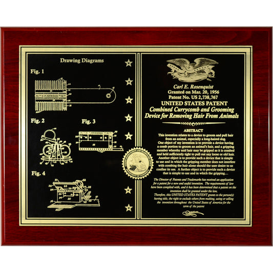 FINE Horizontal Patent Award etched in gold on black with Patriotic Eagle "or" Patent Office