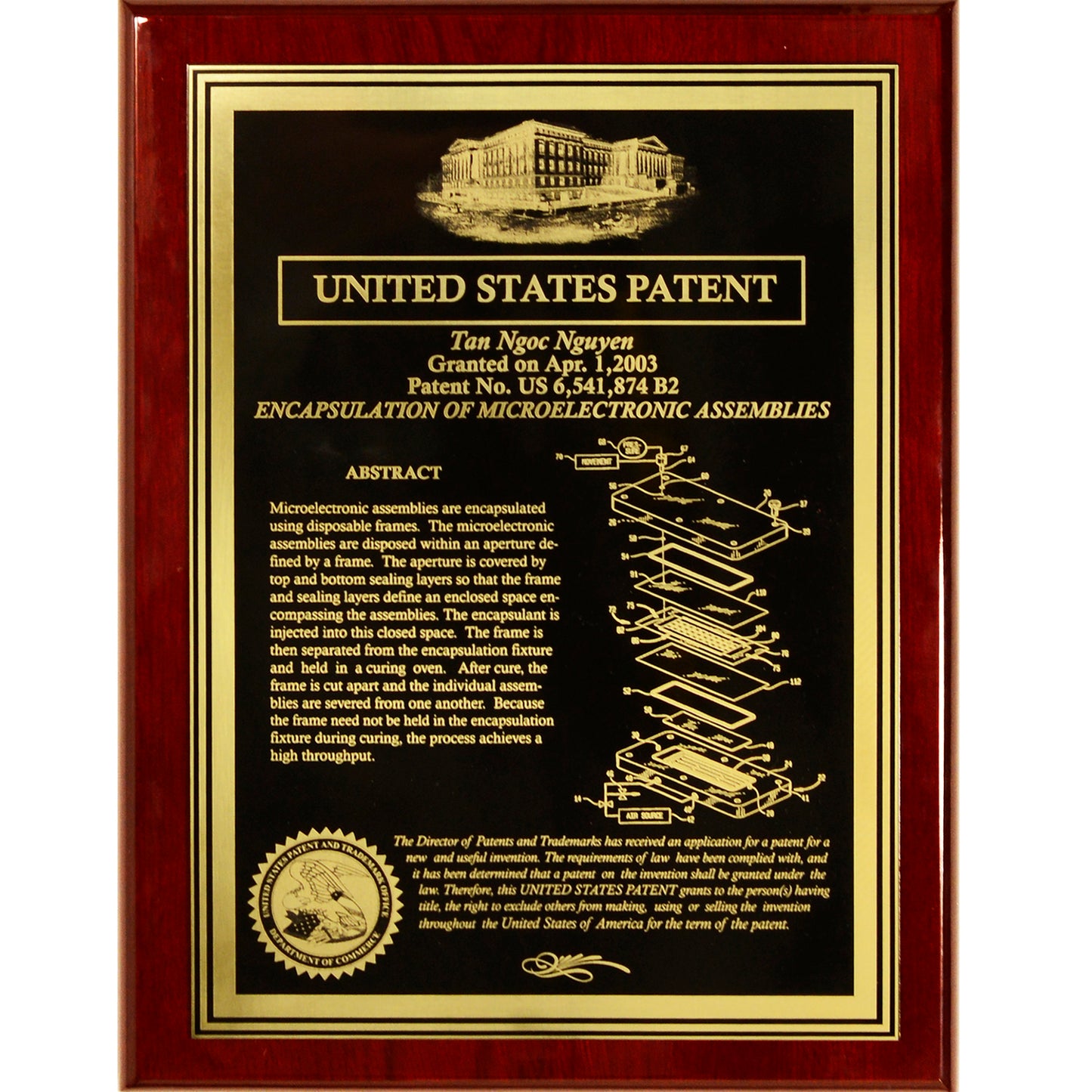 Classic Patent Award Plaque With American Eagle or US Patent Building.  Finely Etched into Gold Finished Brass