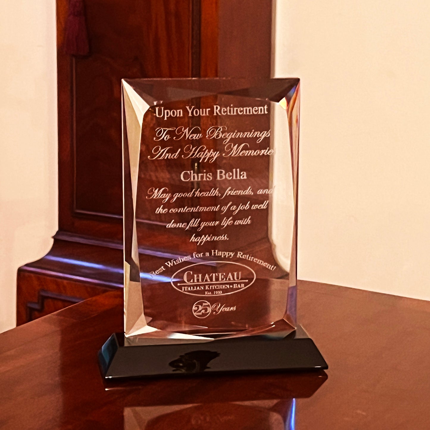 Retirement Award, Elegant Ultra Clear Crystal on a Black Base